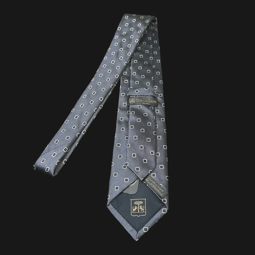 Corneliani Italy Silk Tie Grey Blue Geometric Square Hand Stitched Men Necktie
